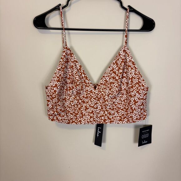 New Lulu's Orange with White Floral Print Triangle Cropped Tank Top Size Large - Picture 1 of 5